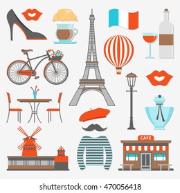 Paris icon set distinctive features of the city and the country as a whole vector illustration