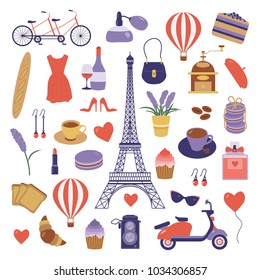 Paris icon set. Eiffel tower, tandem bicycle, air balloon, french bakery, scooter and coffee. France symbols collection in flat design. Parisian vacation design elements and objects in cartoon style.