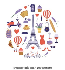 Paris icon set with Eiffel tower. France symbols collection in flat design. Parisian vacation card or print pattern in cartoon style. Romantic french travel elements. France tourism vintage postcard.