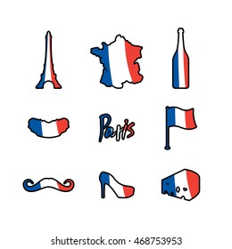 Paris icons set. Traditional French national symbols. Eiffel Tower and croissant. French flag and map. Wine and cheese. Fashion and baguette. Dorblu with mold and euro
Travel sign