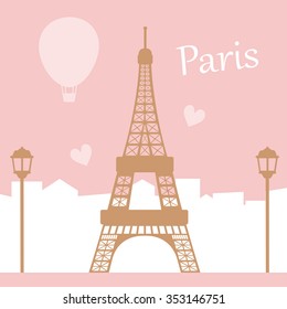 Paris illustration with Eiffel Tower and text, city silhouette in background.