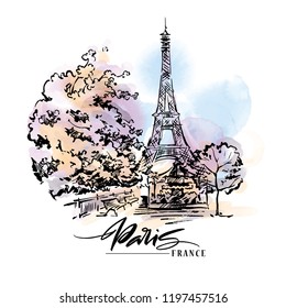 Paris illustration. Ink and pen hand drawn artwork. Watercolor background.