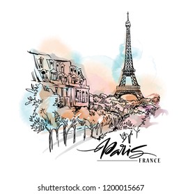 Paris illustration. Ink and pen hand drawn artwork. Watercolor background.