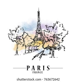 Paris illustration. Ink and pen hand drawn artwork. Watercolor background.