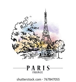 Paris illustration. Ink and pen hand drawn artwork. Watercolor background.