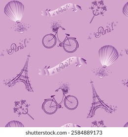 Paris Illustration, a seamless pattern filled with iconic symbols of Paris like the Eiffel Tower, hot air balloons and bicycles. The soft lavender background and delicate floral accents give this desi