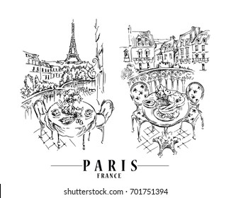 Paris illustration. Table and charis on balcony. Vector artwork. Isolated on white background.