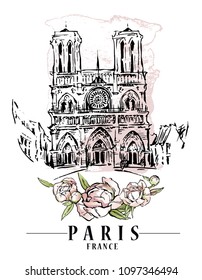 Paris illustration. Vector artwork. Flower and paint spots background.
