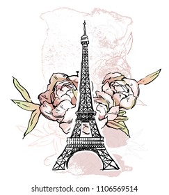 Paris illustration. Vector artwork. Flower and paint spots background.
