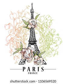Paris illustration. Vector artwork. Flower and paint spots background.