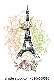 Paris illustration. Vector artwork. Flower and paint spots background.