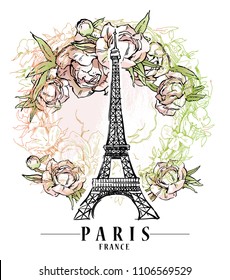 Paris illustration. Vector artwork. Flower and paint spots background.