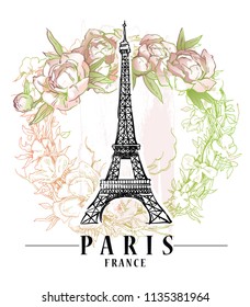 Paris illustration. Vector artwork. Flower and paint spots background.