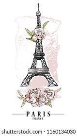 Paris illustration. Vector artwork. Flower and paint spots background.