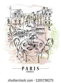 Paris illustration. Vector artwork. Flower and paint spots background.