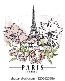 Paris illustration. Vector artwork. Flower and paint spots background.