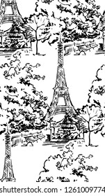 Paris illustration. Vector artwork. Isolated on white background. Seamless pattern