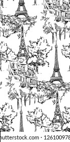 Paris illustration. Vector artwork. Isolated on white background. Seamless pattern