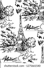 Paris illustration. Vector artwork. Isolated on white background. Seamless pattern.