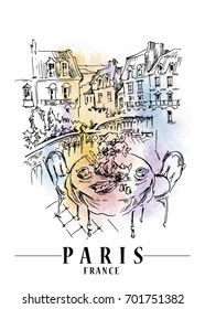 Paris illustration. Vector artwork. Table and charis on balcony. Paris vector illustration on watercolor background.