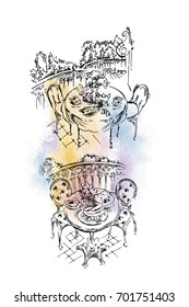 Paris illustration. Vector artwork. Table and charis. Paris vector illustration on watercolor background.