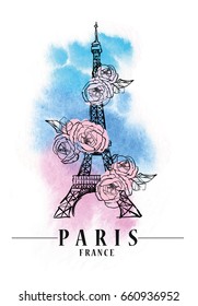 Paris illustration. Vector artwork. Watercolor background