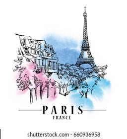 Paris illustration. Vector artwork. Watercolor background