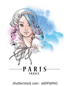 Paris illustration. Vector artwork. Watercolor background