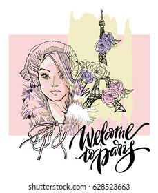 Paris illustration. Vector artwork. Welcome To Paris modern brush calligraphy.