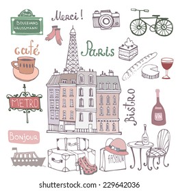 Paris illustration.Background with french symbols.