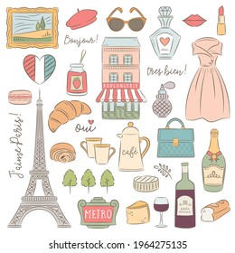 Paris illustrations isolated on white. Collection Eiffel Tower, Wine, Food, Fashion, Croissant, Metro, Perfume. Text, J'amie Paris: I love Paris, Oui: Yes, Bonjour: hello, Tres Bien: very good