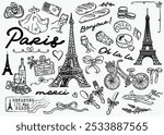 Paris illustrations Set - whimsical hand-drawn style illustrations - symbols of Paris, vector collection