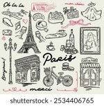 Paris illustrations Set - whimsical hand-drawn style illustrations - symbols of Paris, vector collection