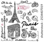 Paris illustrations Set - whimsical hand-drawn style illustrations - symbols of Paris, vector collection