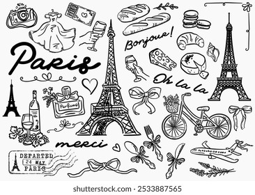 Conjunto de ilustraciones de París - ilustraciones de estilo dibujadas a mano caprichosas - símbolos de París, colección de Vector