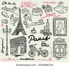 Paris illustrations Set - whimsical hand-drawn style illustrations - symbols of Paris, vector collection