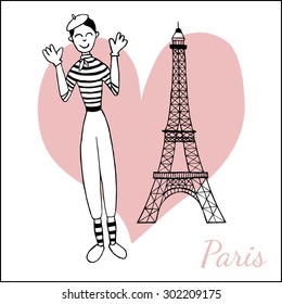 Paris inspired postcard template with images of funny mime and the Eiffel tower