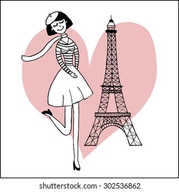 Paris inspired postcard template with images of beautiful girl and the Eiffel tower