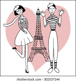 Paris inspired postcard template with images of beautiful girl and funny mime