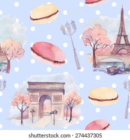 Paris interesting places pattern. Watercolor seamless texture with  arc de Triomphe in Paris, Eiffel tower, macaroons and lights. Vector hand drawn repeating background.
