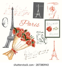 Paris invitation hand drawn card with tower and flower bouquet, french vintage style, icons set