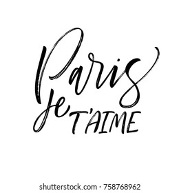 Paris je t'aime phrase. Paris, I love you phrase in French language. Ink illustration. Modern brush calligraphy. Isolated on white background.