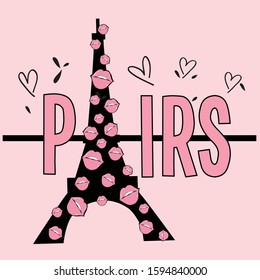 paris kiss text line city heart love pink black girl tee illustration art vector