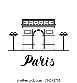 Paris landmark Arc of Triumf line art illustration with hand drawn lettering