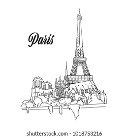 Paris Landmark Banner Sign, hand drawn outline illustration for print design and travel marketing