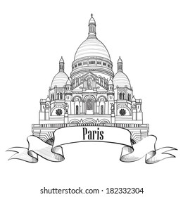 Paris landmark The Basilica of the Sacred Heart of Paris building. Montmartre symbol. Travel Paris engraved sign. Hand drawn sketch.