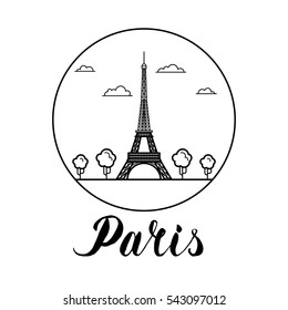 Paris landmark Eiffel Tower line art illustration with hand drawn lettering