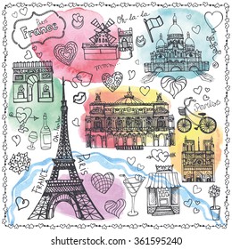 Pariser Wahrzeichen, Liebesset.Valentinstag, Hochzeitsdesign, Herzen Vintage Vektorelemente.Handgezeichnete Doodle Sketchy.Aquarellfarben-Splash.Paris Symbole, Eiffelturm.Illustration.