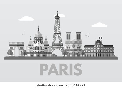 Paris landmarks. France capital skyline background for postcard, banner, poster. Paris cityscape. French world famous architectural sightseeing. Graphic flat vector illustration in white-gray colors.