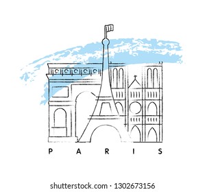 Paris landmarks, France symbols linear vector illustration and typography design